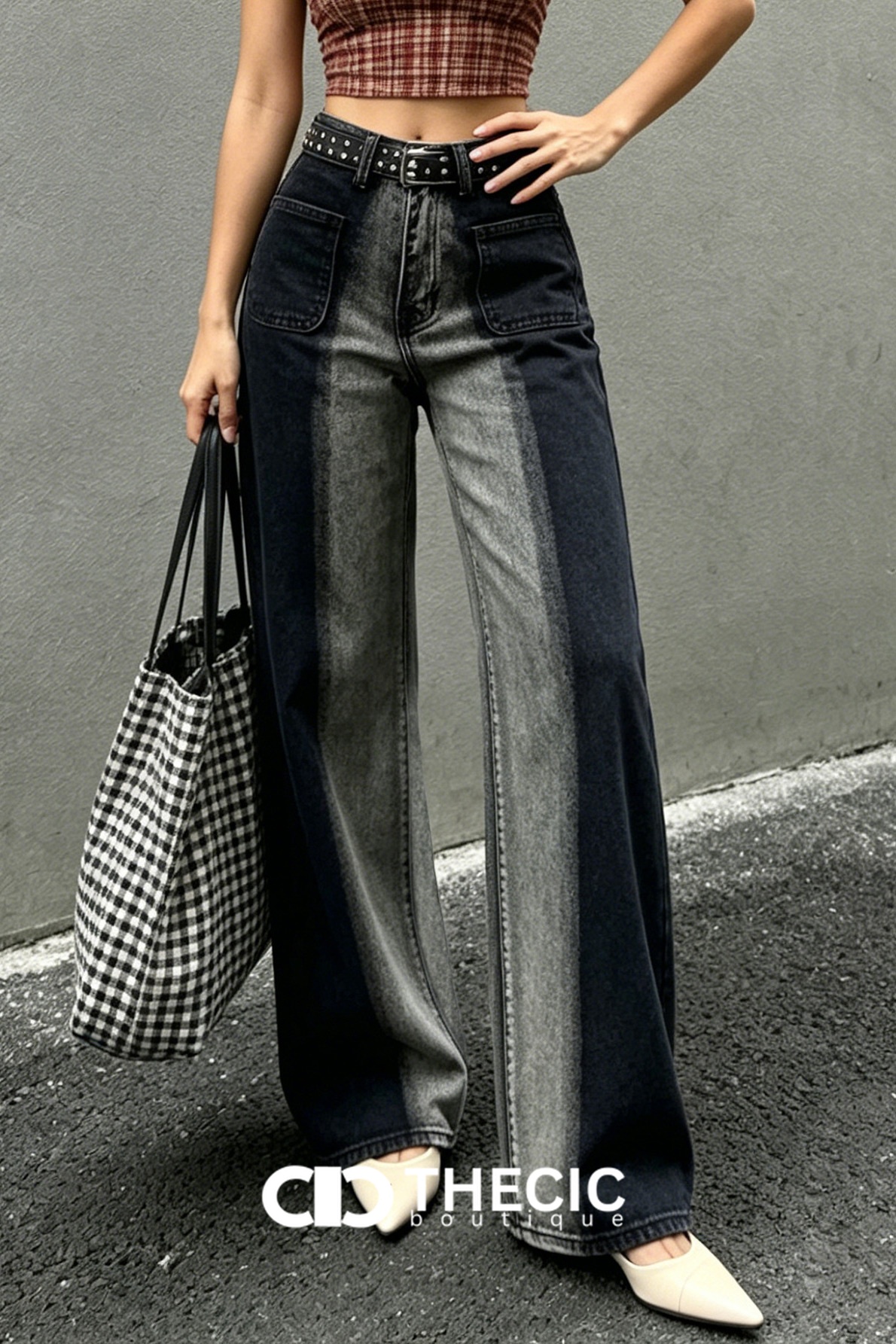 Washed Two-Tone Wide-Leg Denim Jeans