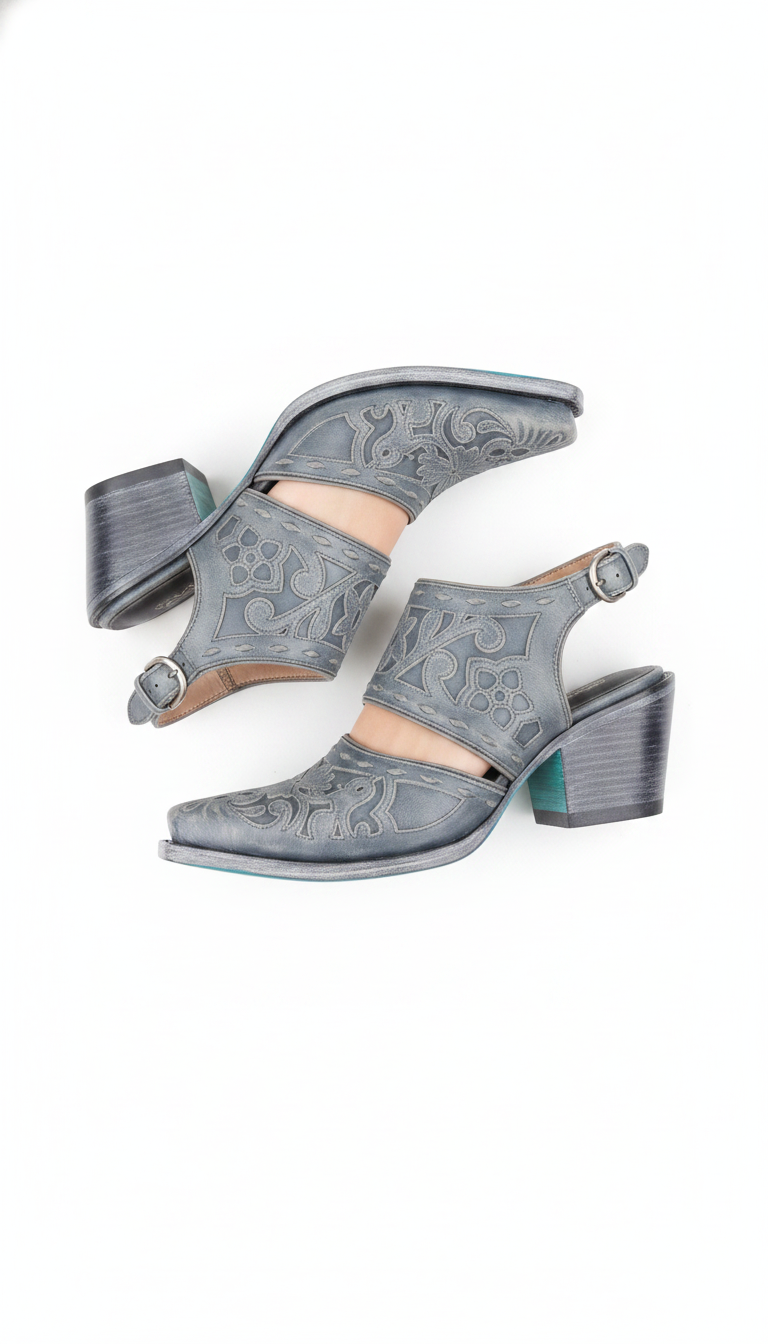 Western-Inspired Patterned Pointed-Toe Block Heel Mules