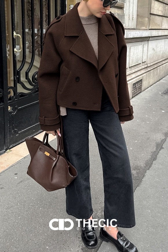 Wool Blend Cropped Double-Breasted Tie-Waist Jacket