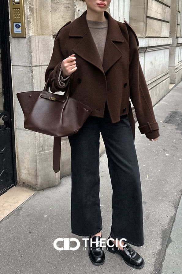 Wool Blend Cropped Double-Breasted Tie-Waist Jacket