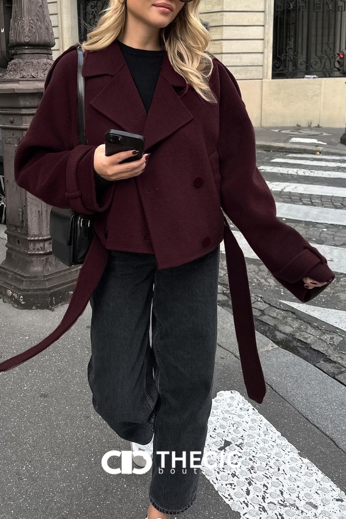 Wool Blend Cropped Double-Breasted Tie-Waist Jacket