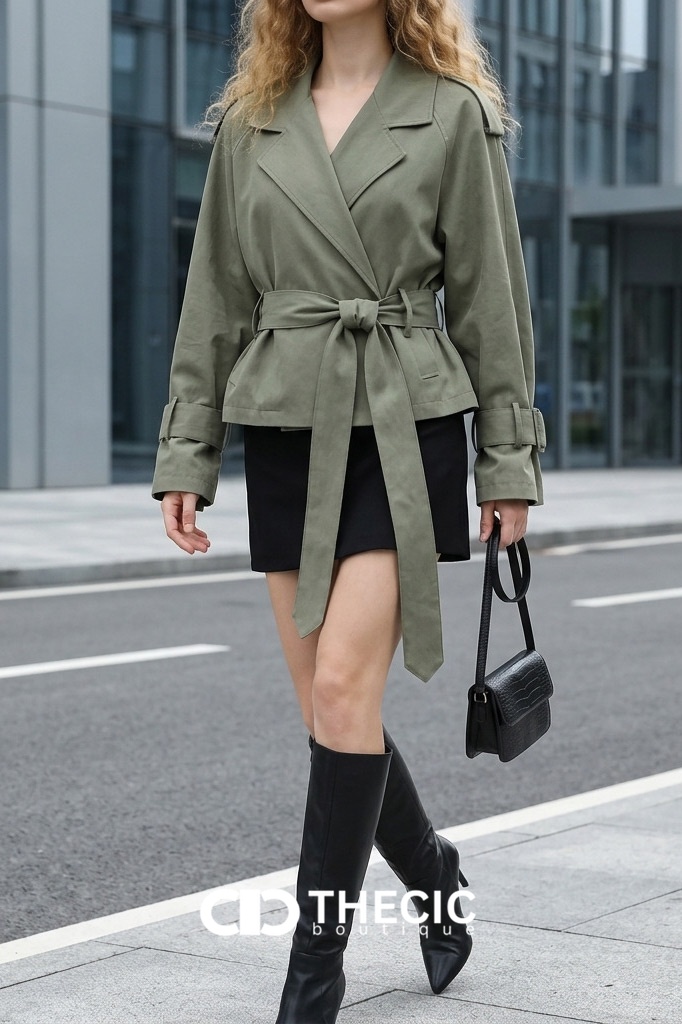 Woven Belted Lapel Cropped Trench Jacket