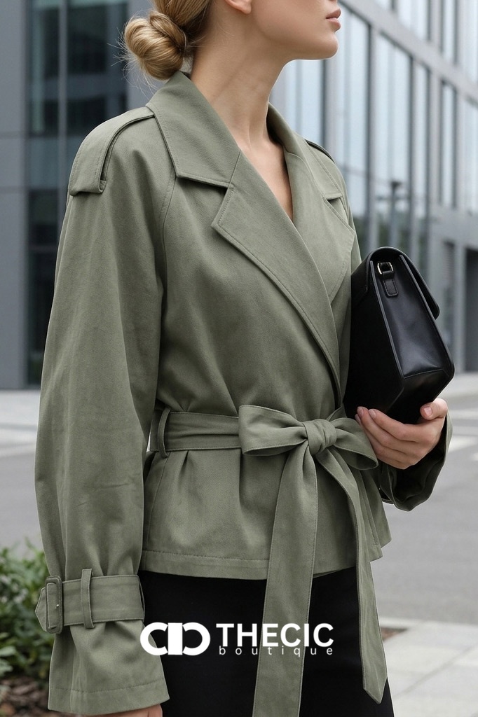 Woven Belted Lapel Cropped Trench Jacket