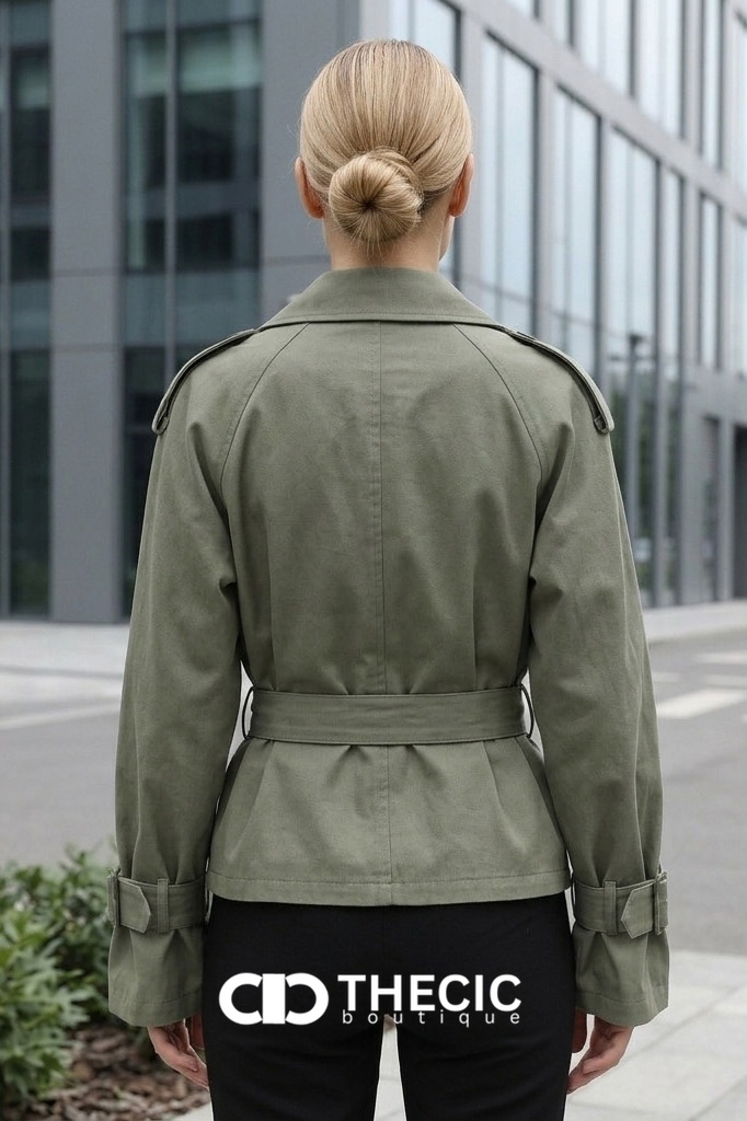 Woven Belted Lapel Cropped Trench Jacket