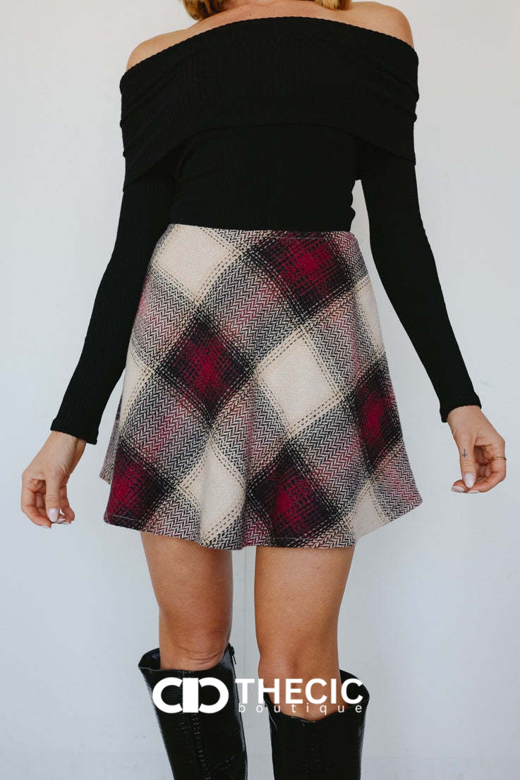 Woven Herringbone Plaid A-Line Mini Skirt
