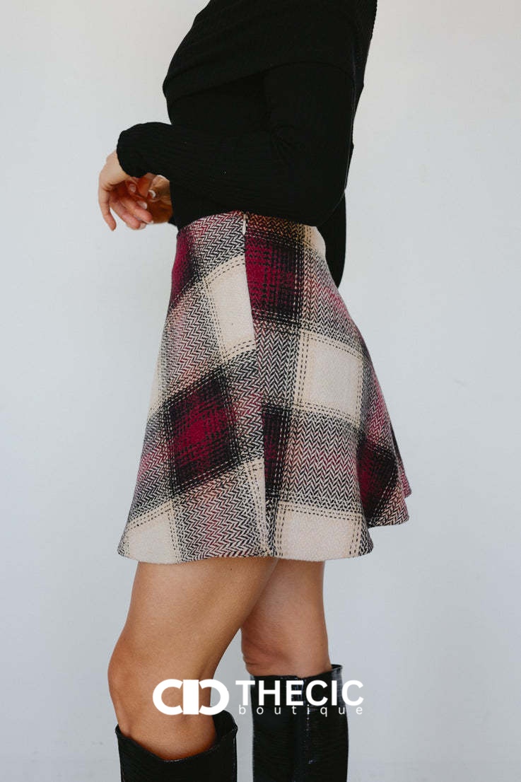 Woven Herringbone Plaid A-Line Mini Skirt