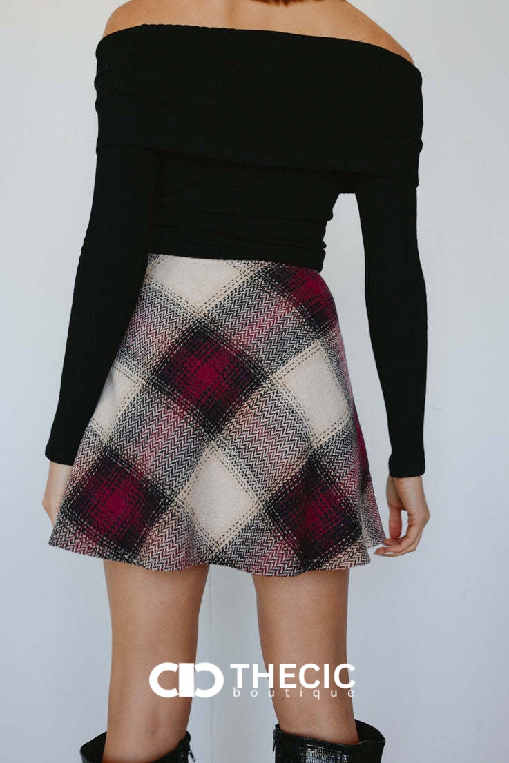 Woven Herringbone Plaid A-Line Mini Skirt