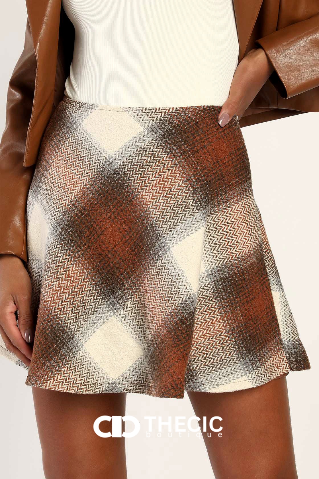 Woven Herringbone Plaid A-Line Mini Skirt