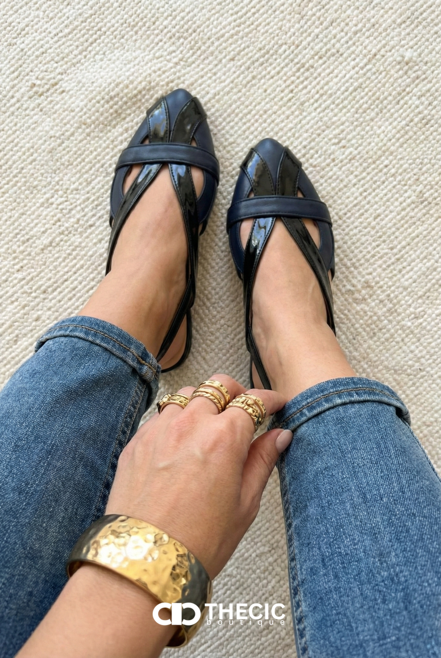 Woven Patent Leather Pointed-Toe Slingback Flats