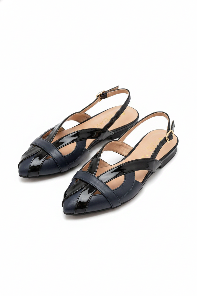 Woven Patent Leather Pointed-Toe Slingback Flats