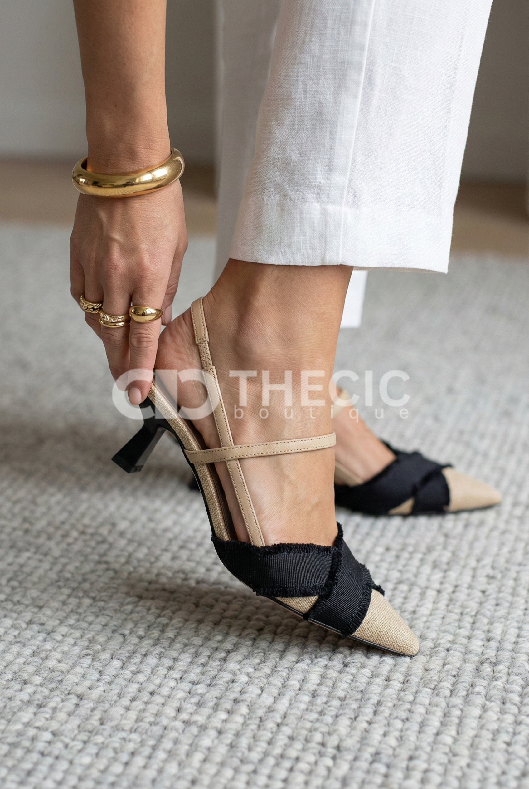 Woven Pointed-Toe Criss-Cross Slingback Kitten Heels