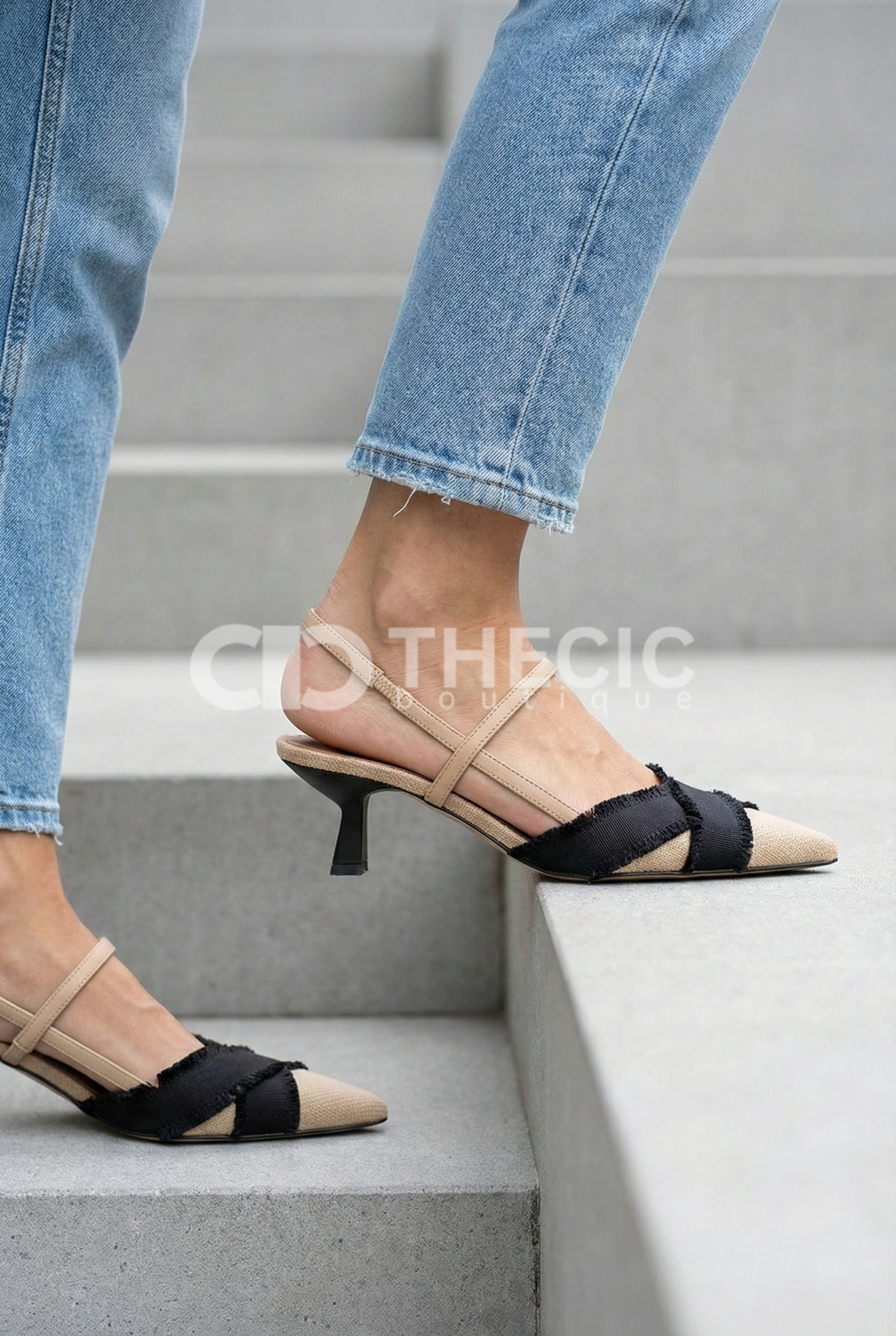 Woven Pointed-Toe Criss-Cross Slingback Kitten Heels