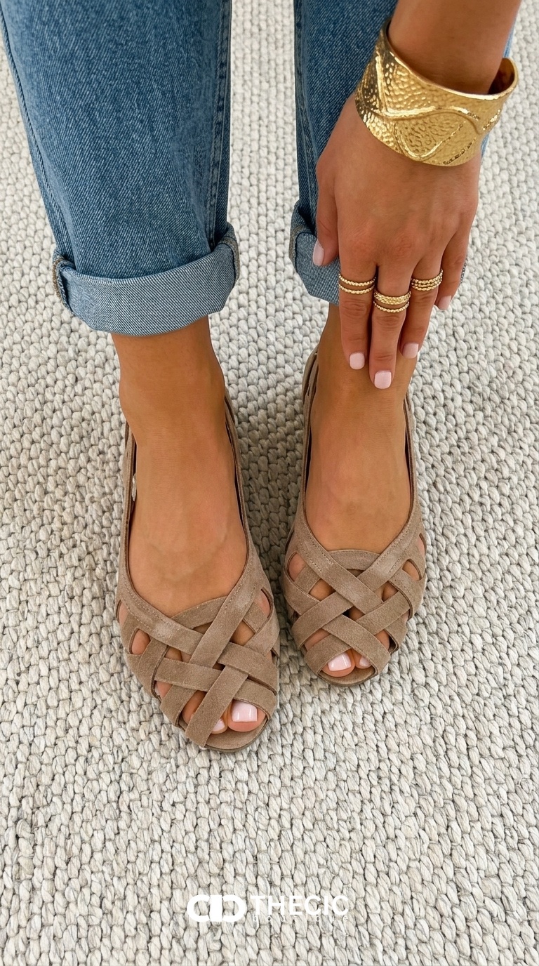 Woven Strap Peep-Toe Slip-On Flats
