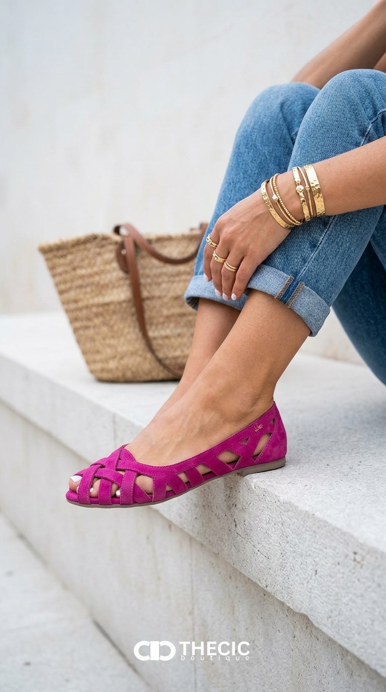Woven Strap Peep-Toe Slip-On Flats
