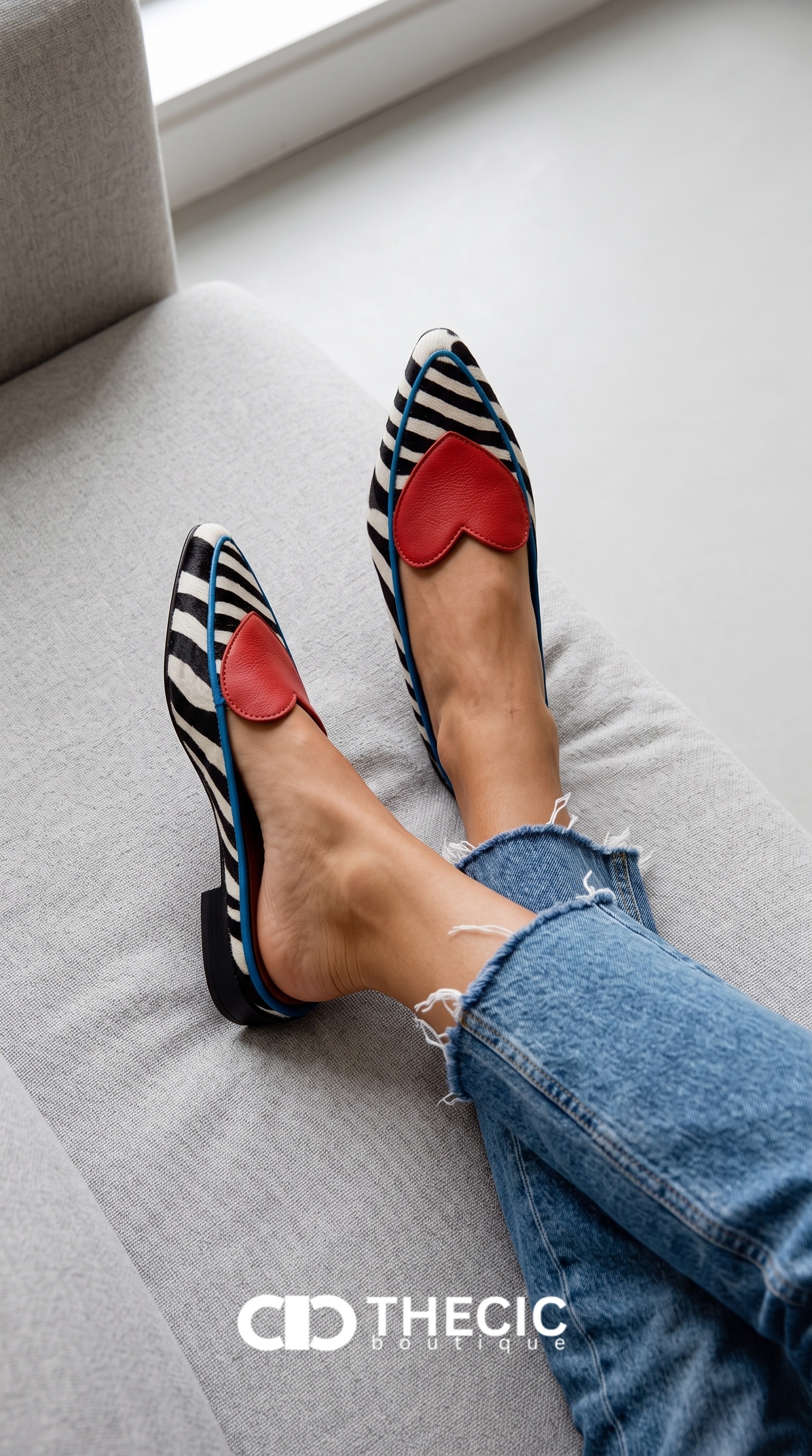 Zebra Print Heart Appliqué Pointed-Toe Flat Mules