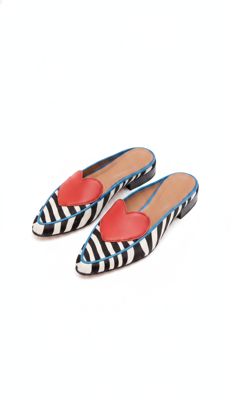 Zebra Print Heart Appliqué Pointed-Toe Flat Mules
