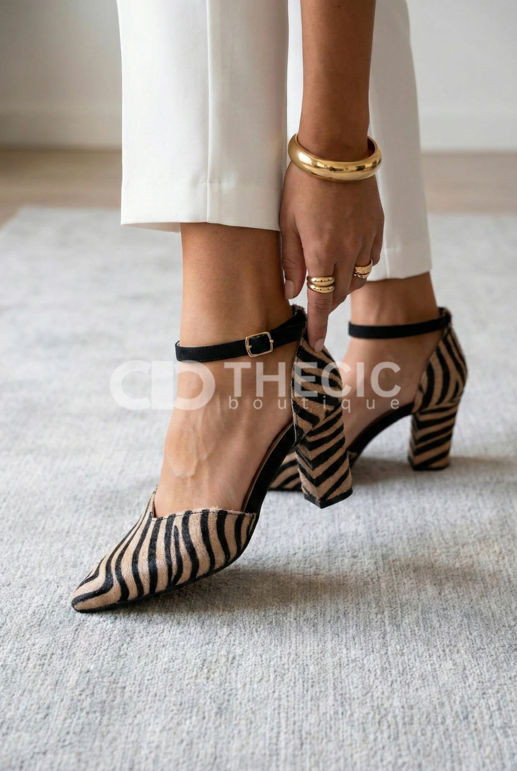 Zebra Print Pointed-Toe Block Heel Ankle Strap Pumps
