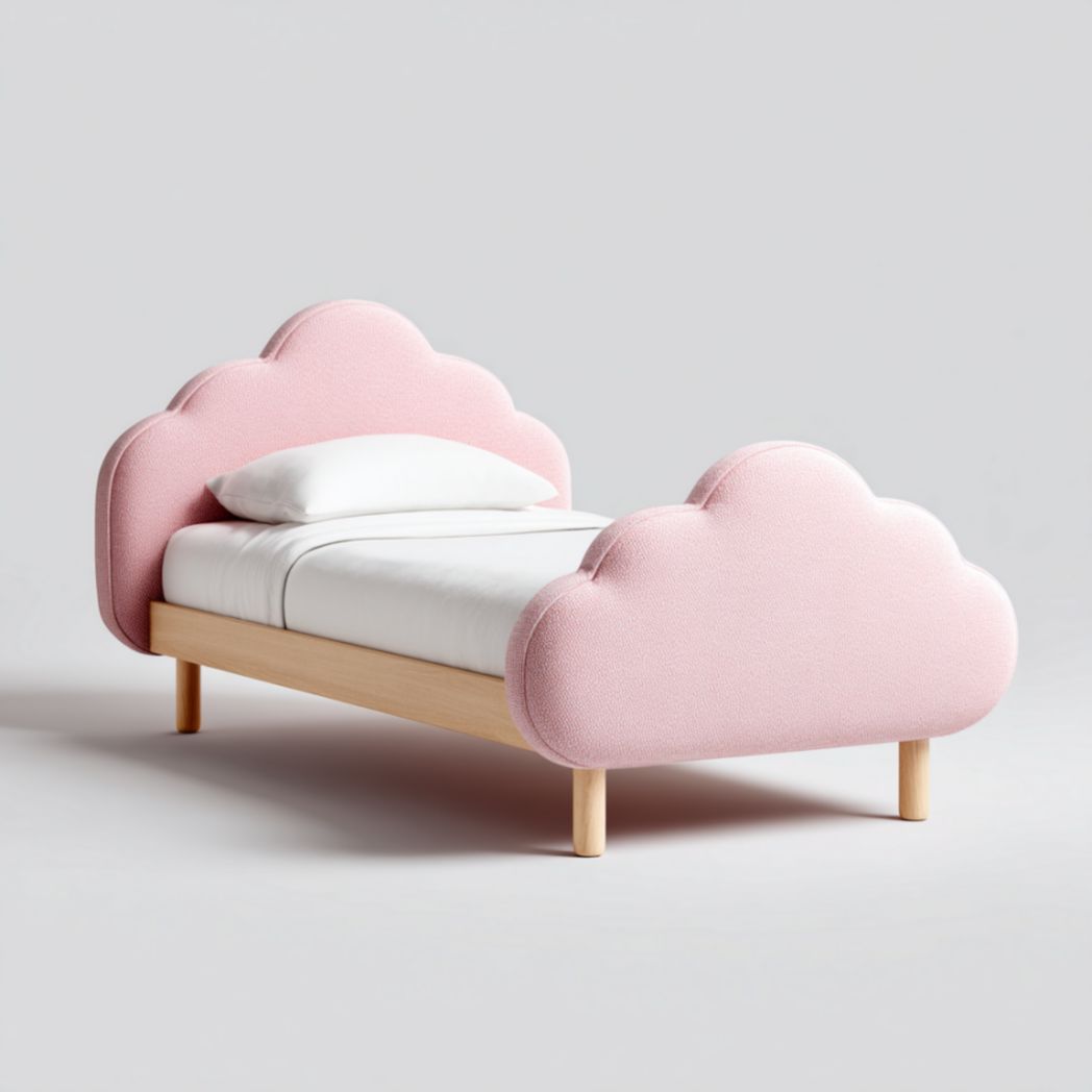 Lit Enfant en Tissu Rose avec Tête de Lit et Pied de Lit en Forme de Nuage-Wmkavanaghft