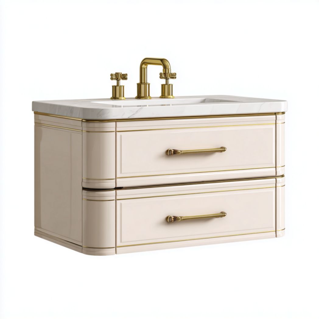 Meuble de Salle de Bain Suspendu à 2 Tiroirs en Bois de Bouleau avec Plateau en Granit - Beige et Doré-Wmkavanaghft