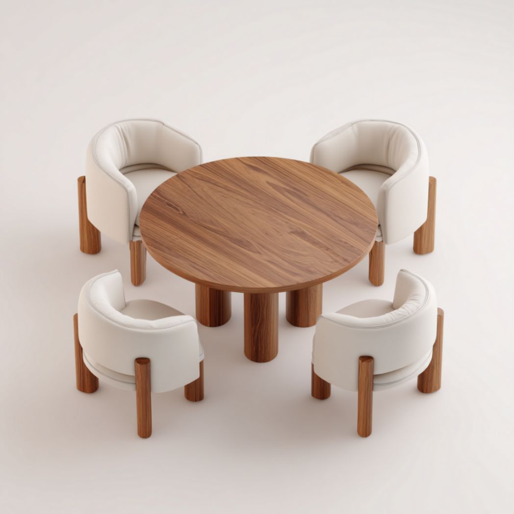 Ensemble de Table à Manger Ronde et 4 Fauteuils en Bois de Noyer et Tissu-Wmkavanaghft