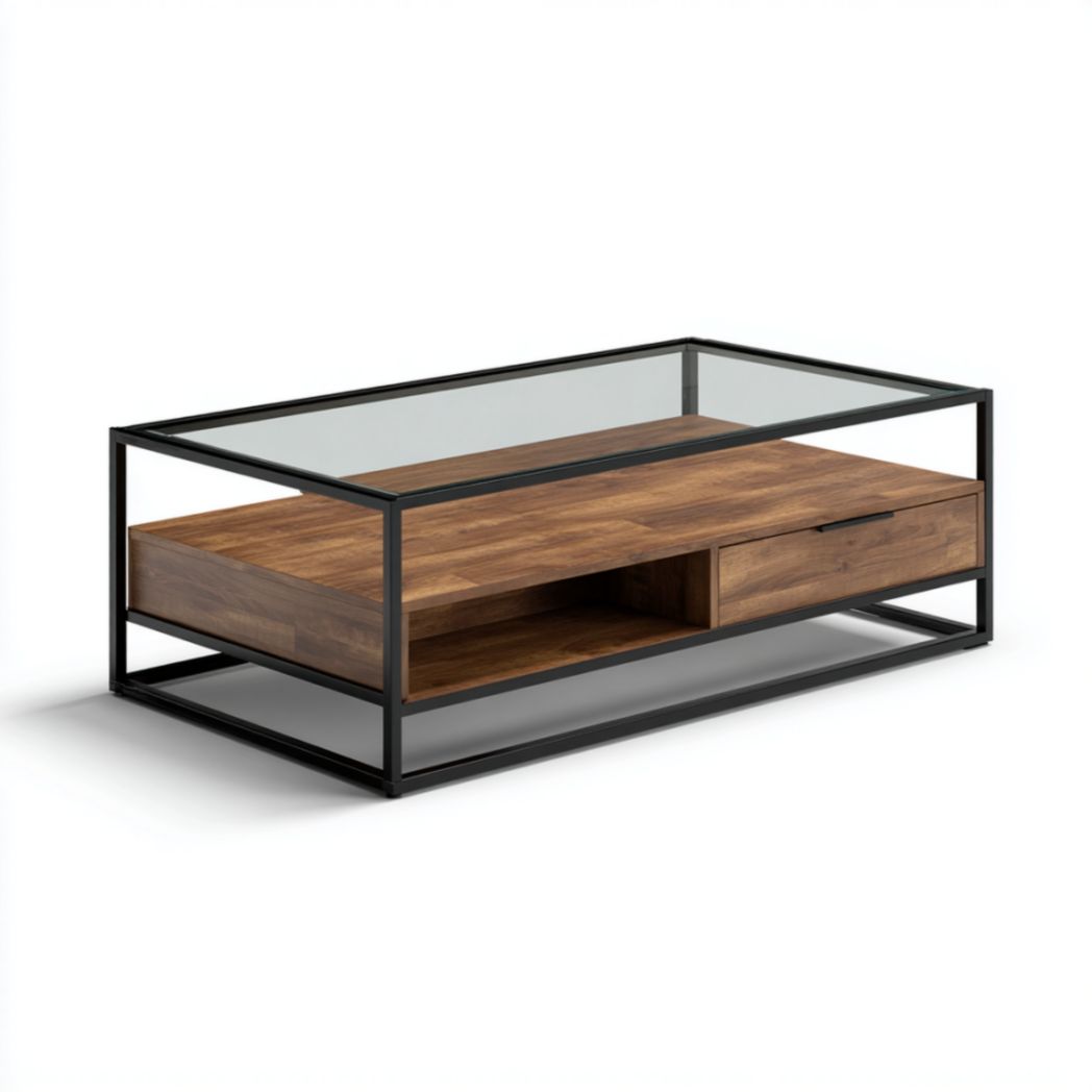 Table Basse Rectangulaire en Verre Trempé, Métal Noir et Bois d'Acacia-Wmkavanaghft