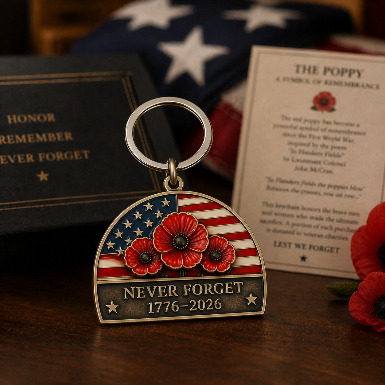🇺🇸 America 250 Memorial Poppy Keychain – Gift Box Included