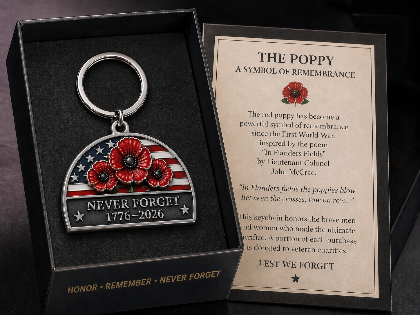 🇺🇸 America 250 Memorial Poppy Keychain – Gift Box Included
