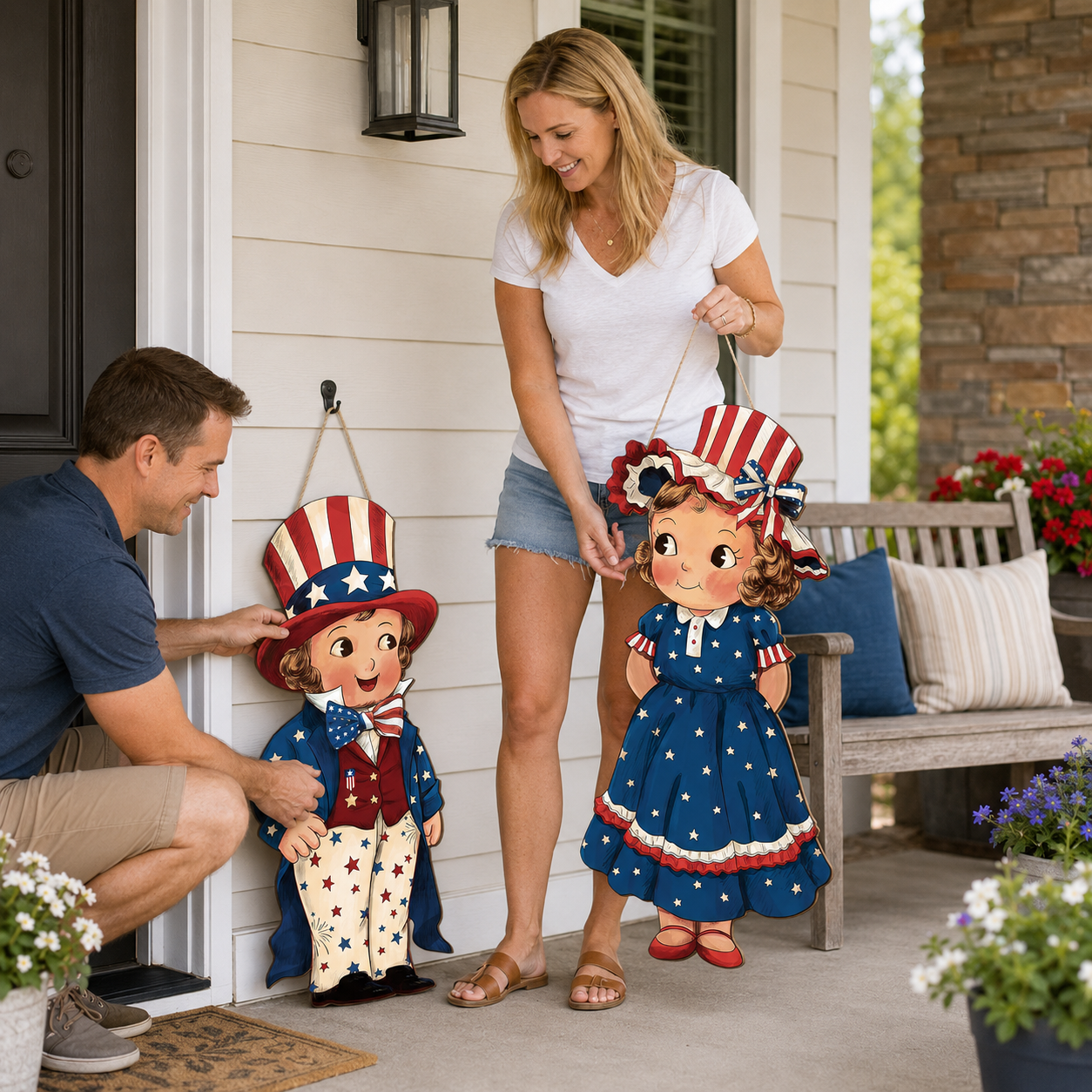 2-Piece Patriotic Wooden Hanging Door Signs – Vintage Americana Porch Decor