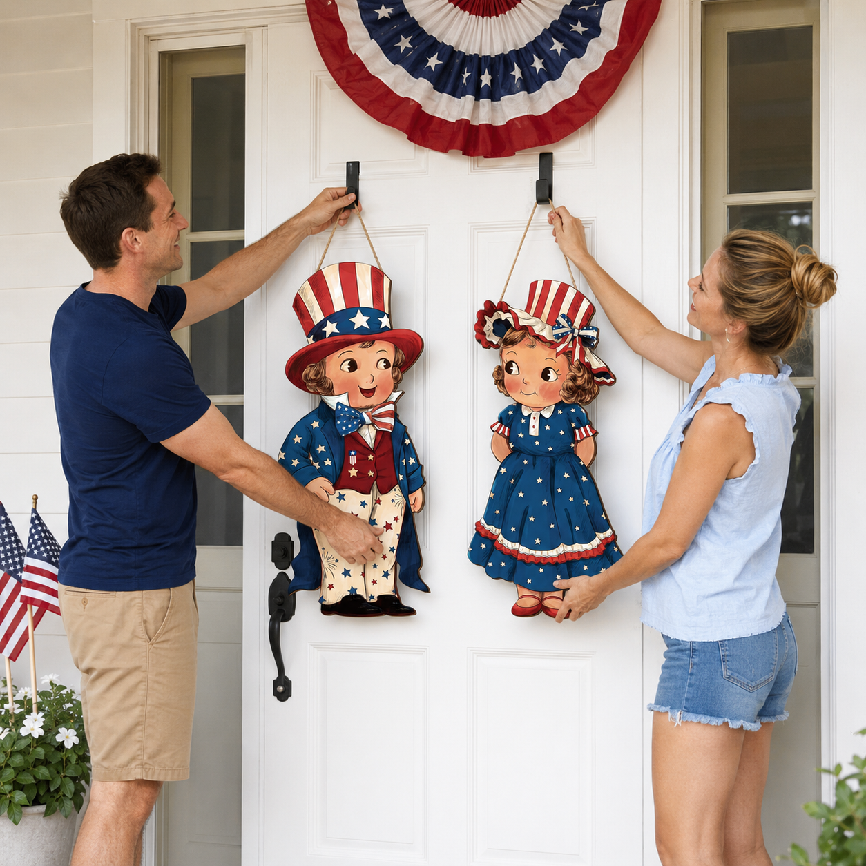 2-Piece Patriotic Wooden Hanging Door Signs – Vintage Americana Porch Decor