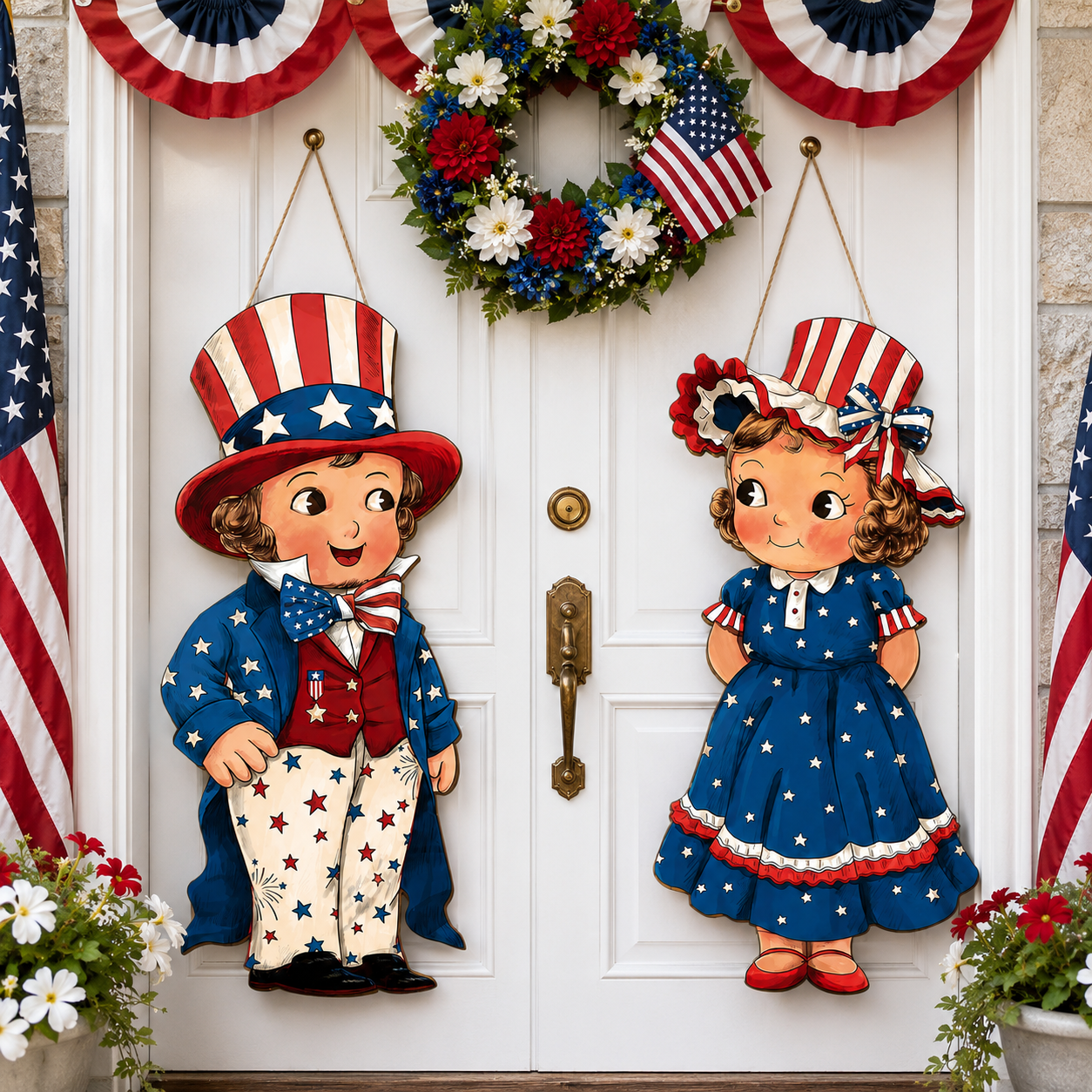 2-Piece Patriotic Wooden Hanging Door Signs – Vintage Americana Porch Decor