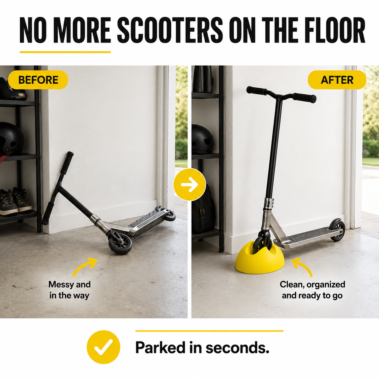2-Style Scooter Parking Stand – Compact & Wide Base Garage Organizer