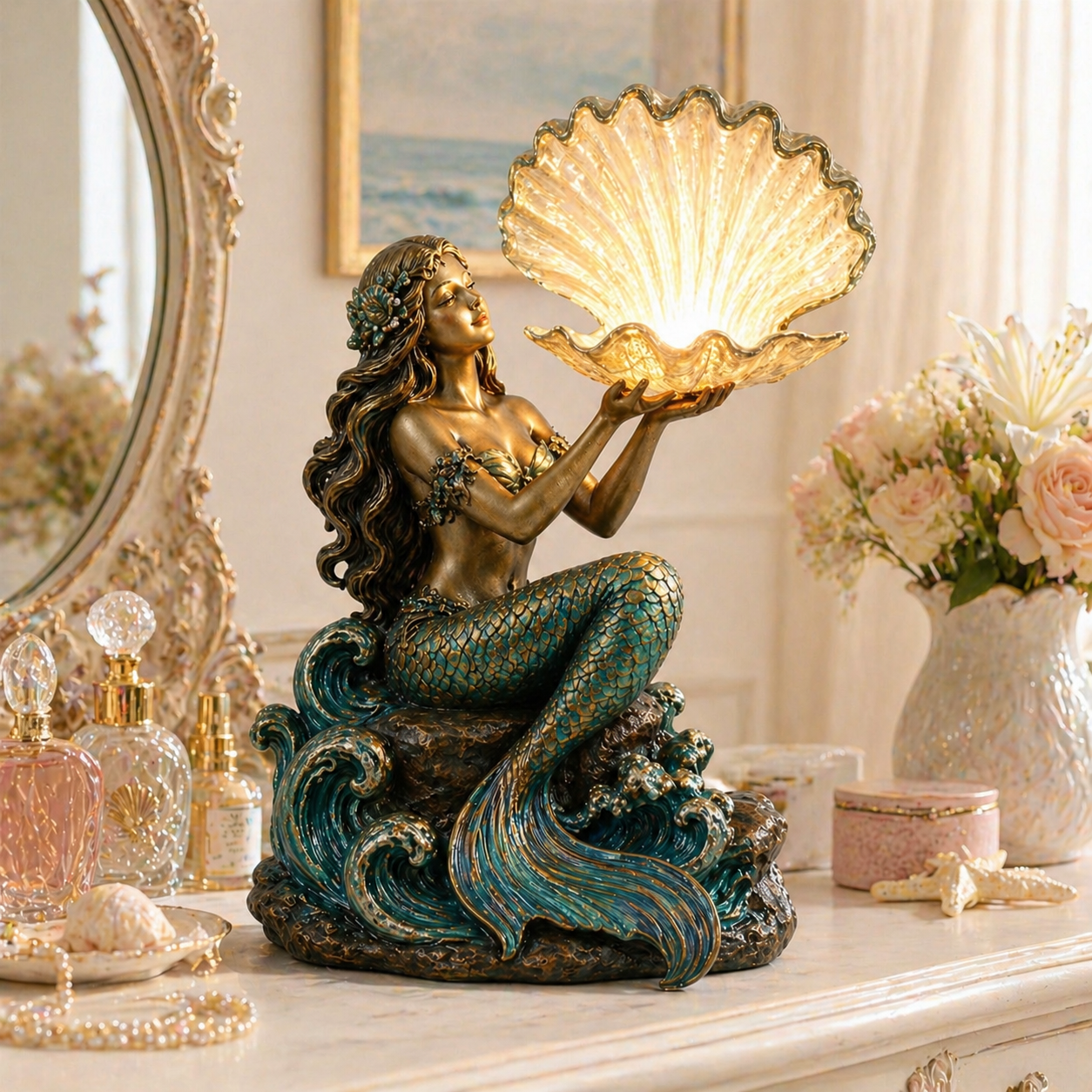 Moonlit Mermaid Shell Lamp – Ocean Glow Night Light & Fantasy Room Decor