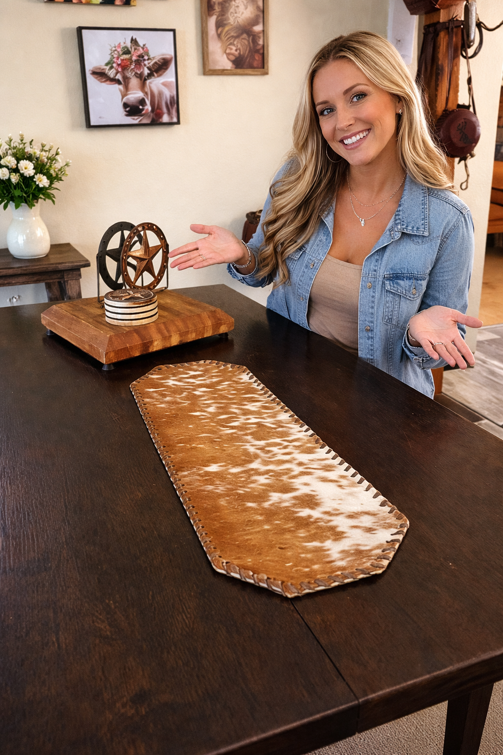 Premium Speckled Red & White Cowhide Table Runner (18.5")