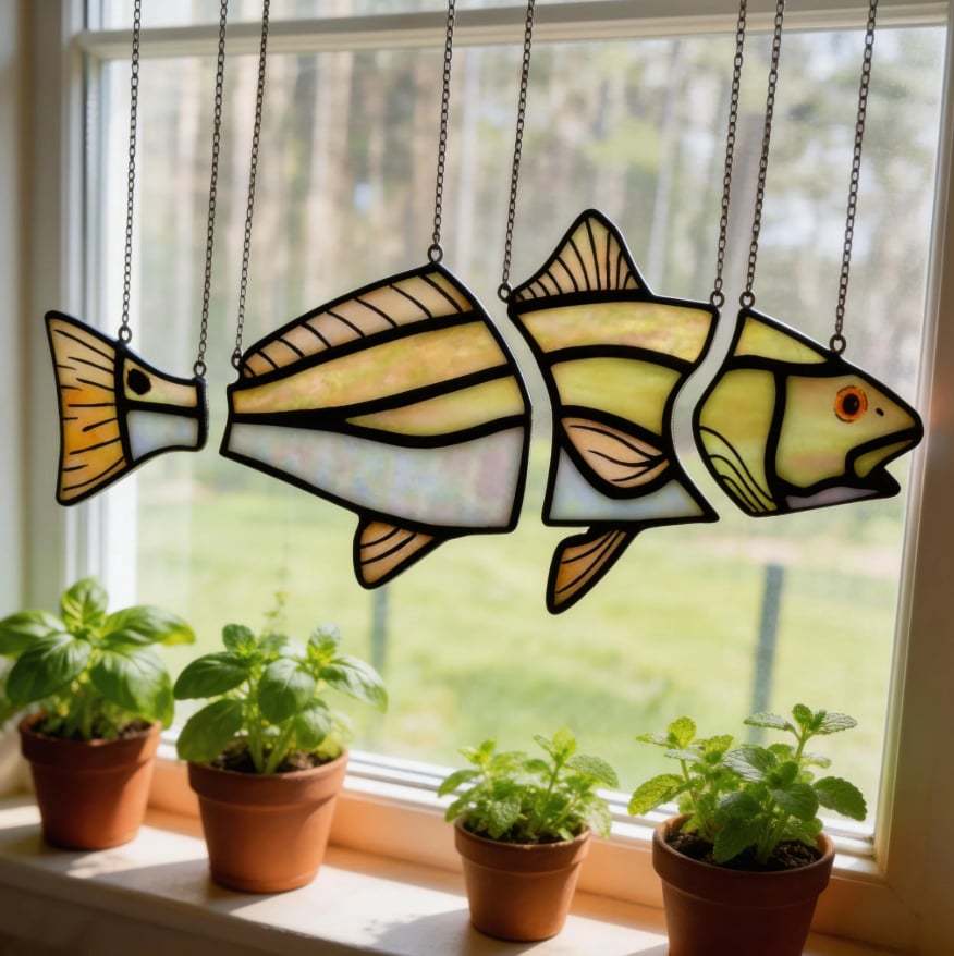 🐟 Handcrafted Stained Glass Red Drum Swimming Illusion Suncatcher✨