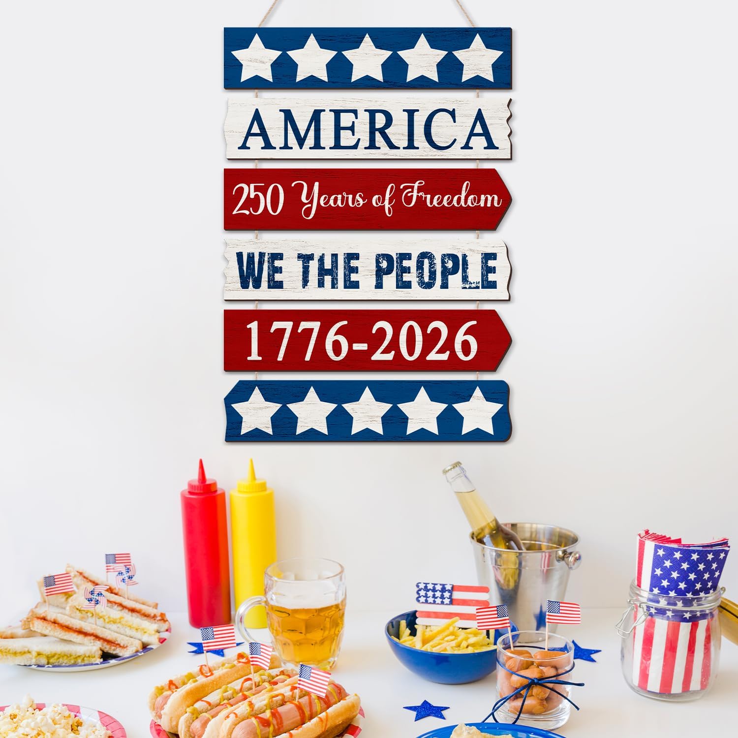 250 Years of Freedom Patriotic Door Sign Rustic Wooden Hanging Decor for Front Door, Porch & 2026 Celebration