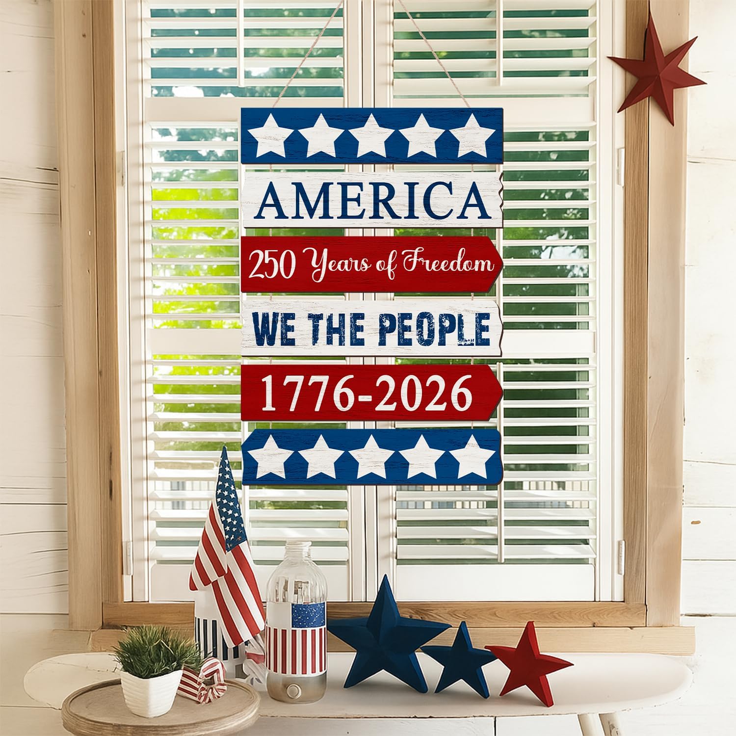 250 Years of Freedom Patriotic Door Sign Rustic Wooden Hanging Decor for Front Door, Porch & 2026 Celebration
