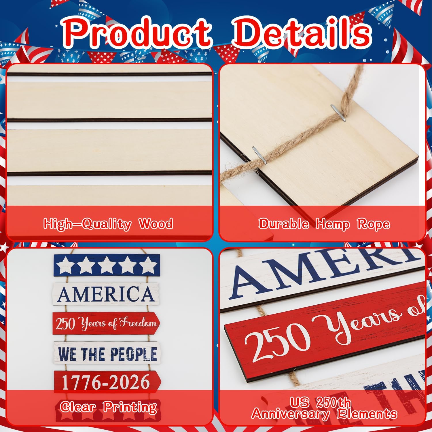 250 Years of Freedom Patriotic Door Sign Rustic Wooden Hanging Decor for Front Door, Porch & 2026 Celebration
