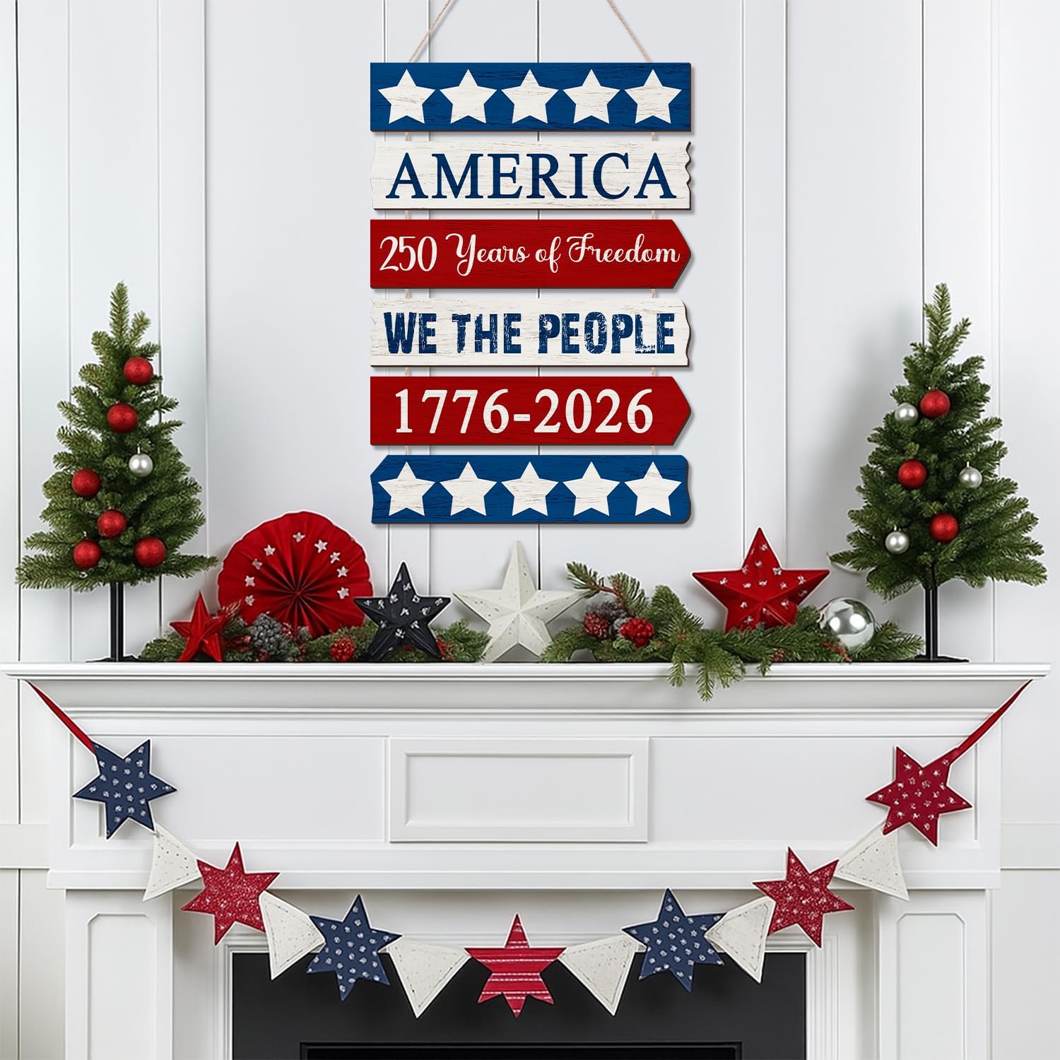 250 Years of Freedom Patriotic Door Sign Rustic Wooden Hanging Decor for Front Door, Porch & 2026 Celebration