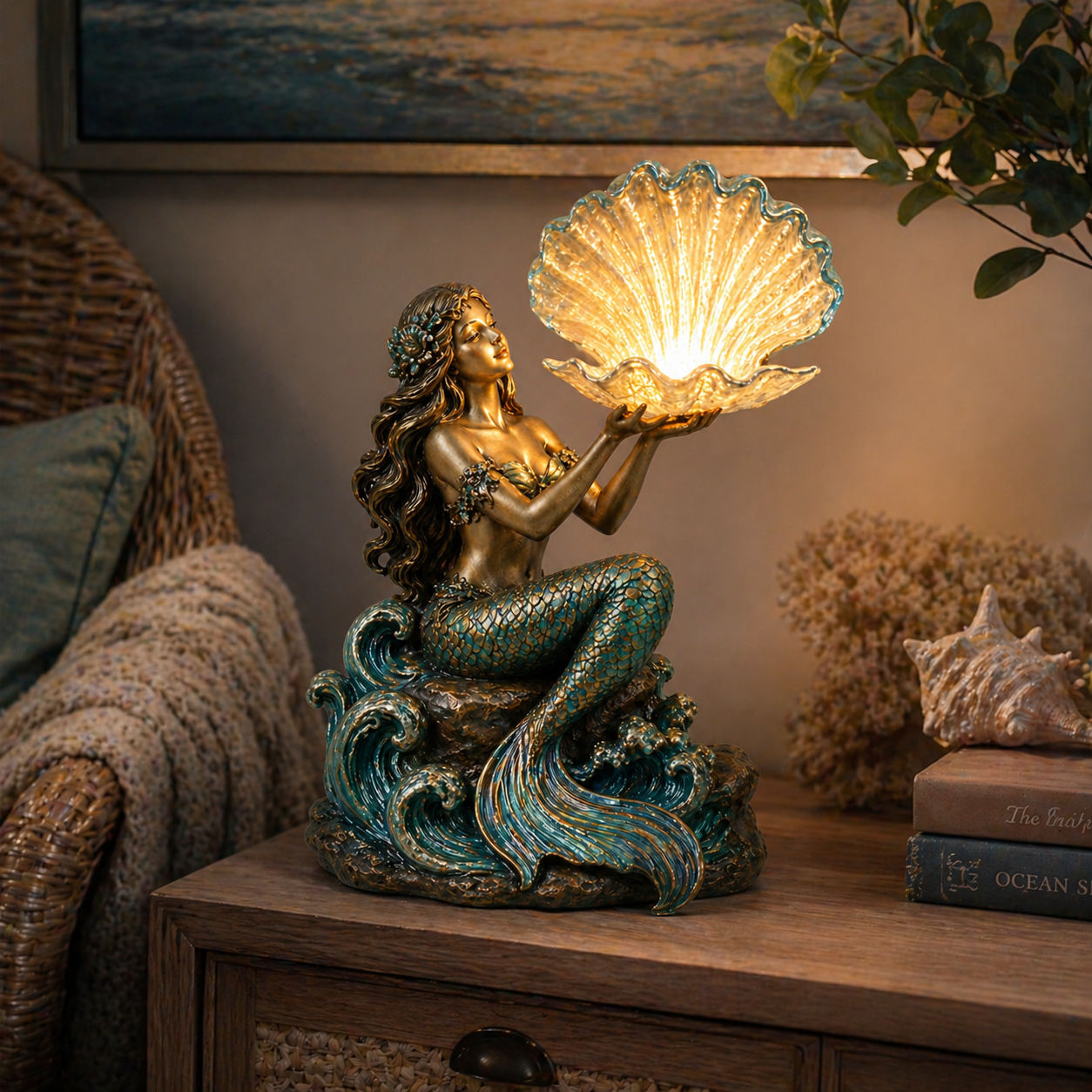 Moonlit Mermaid Shell Lamp – Ocean Glow Night Light & Fantasy Room Decor