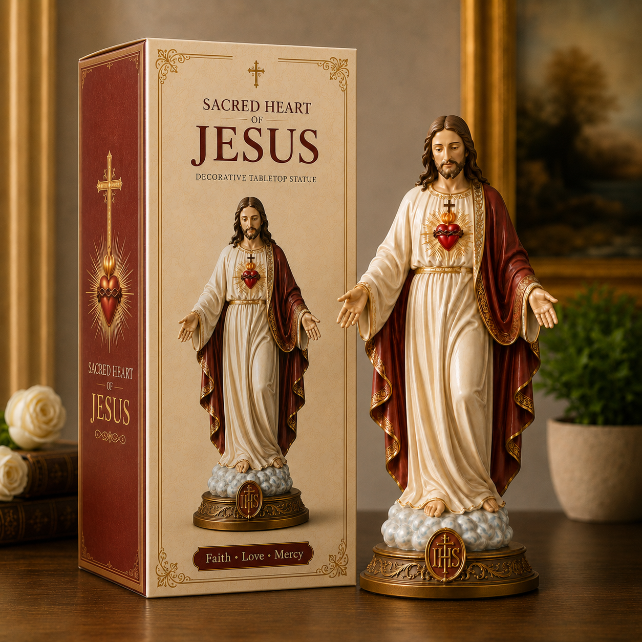 Sacred Heart & Blessed Mother Religious Statue Set – Elegant Christian Home Décor
