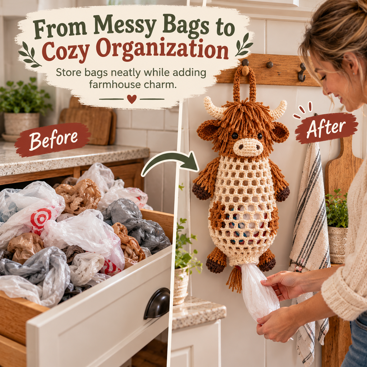 Before and after grocery bag organization with crochet bag holder