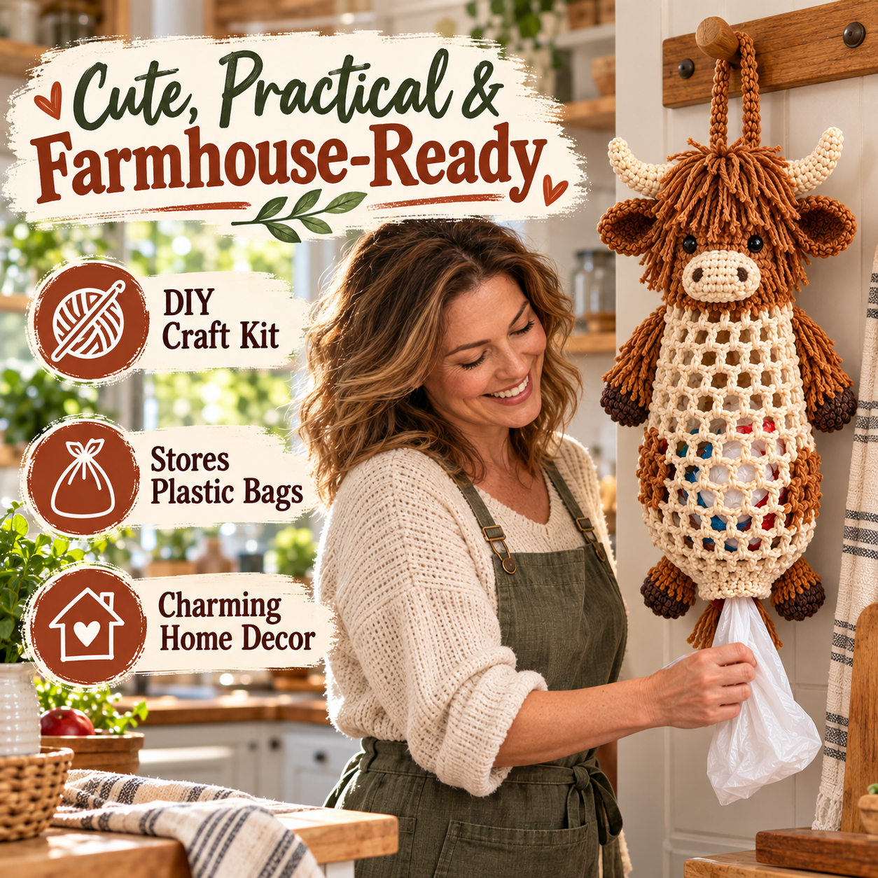 Crochet animal bag holder used as farmhouse kitchen storage