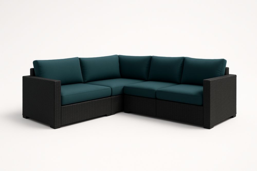 Divano ad angolo modulare in rattan con cuscini in poliestere verde per esterni