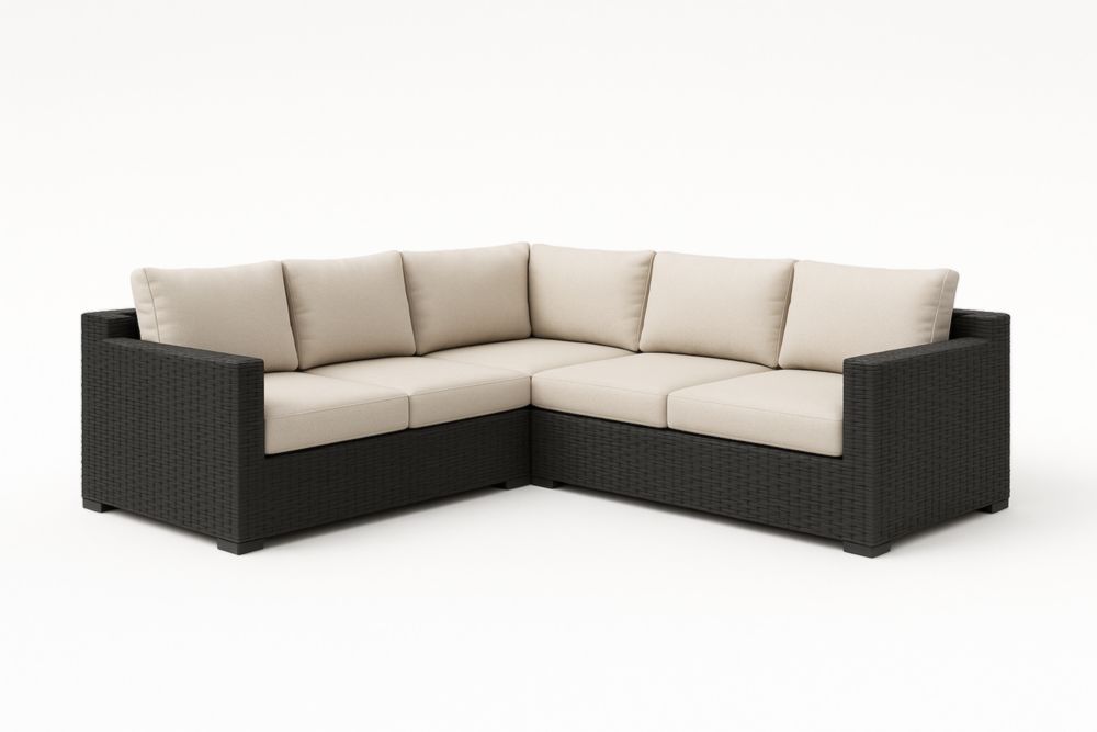 Divano ad angolo in rattan con cuscini in tessuto beige, 250x250x65cm