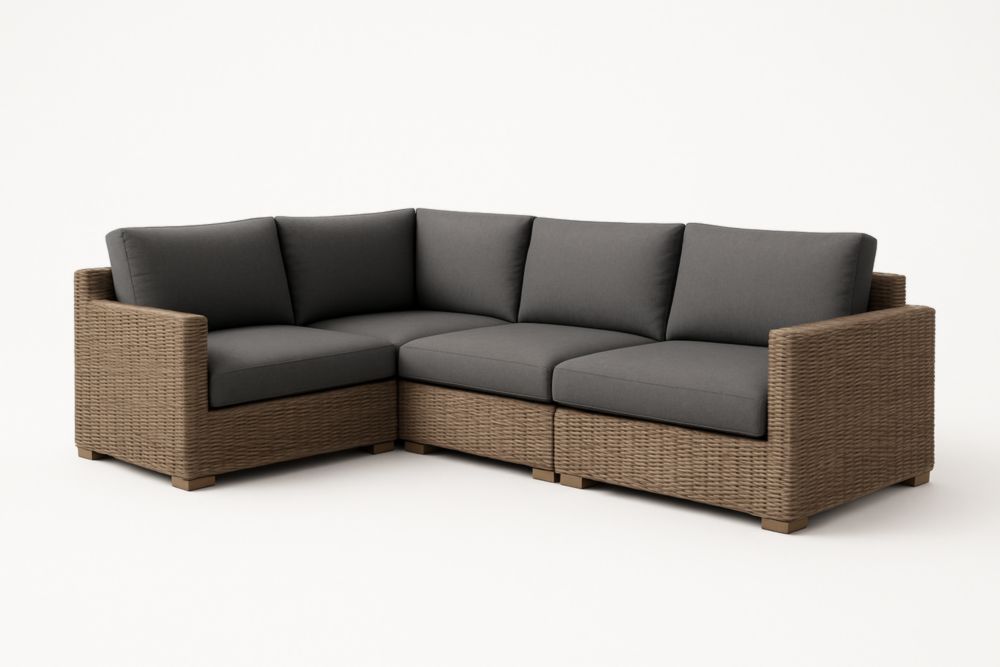 Divano ad angolo in rattan sintetico con cuscini in poliestere grigio marrone