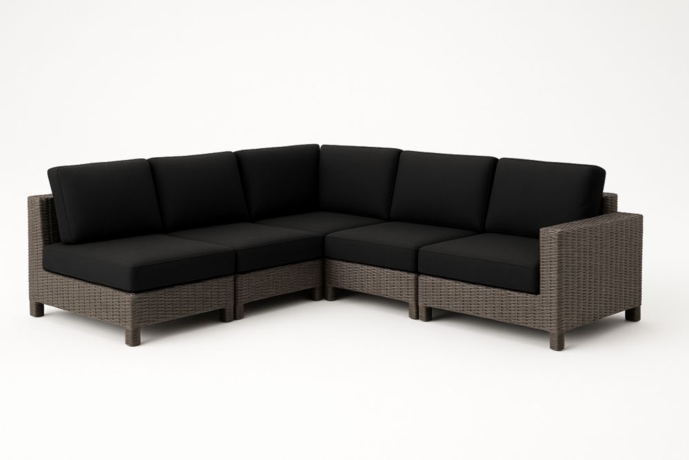 Divano ad Angolo Modulari in Rattan con Cuscini Neri