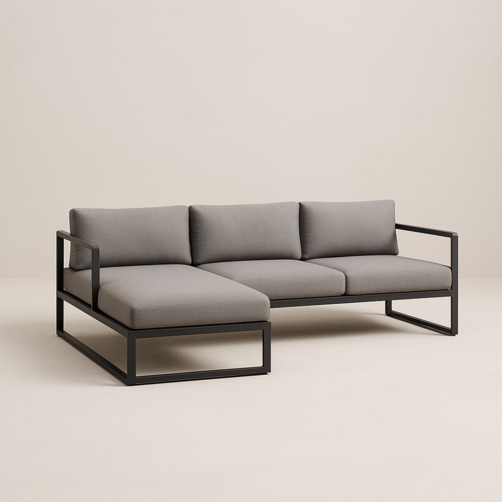 Divano ad angolo in metallo nero con cuscini in tessuto grigio