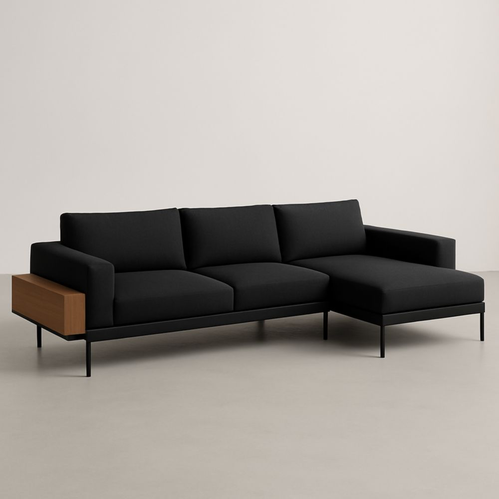 Divano ad angolo in tessuto nero con mensola in legno