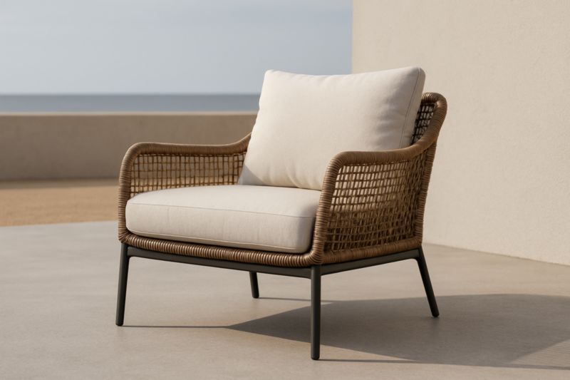 Poltrona da Esterno in Rattan con Cuscini in Poliestere Naturale/Bianco