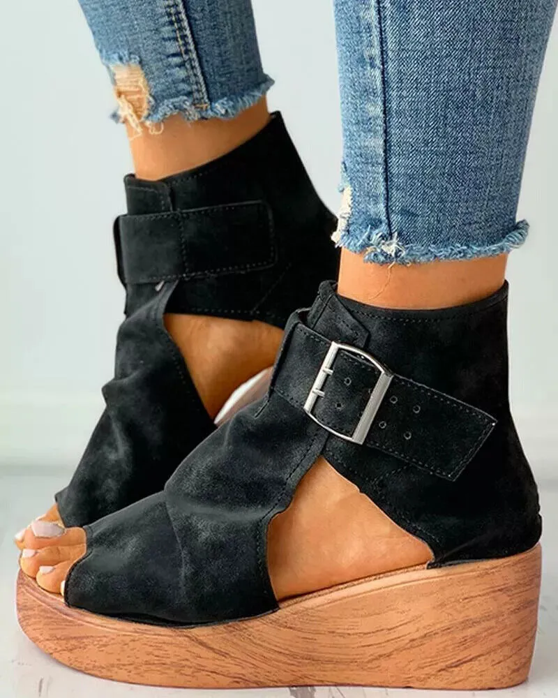Buckle Wedge High Heel Solid Peep Open Toe Casual Sandals